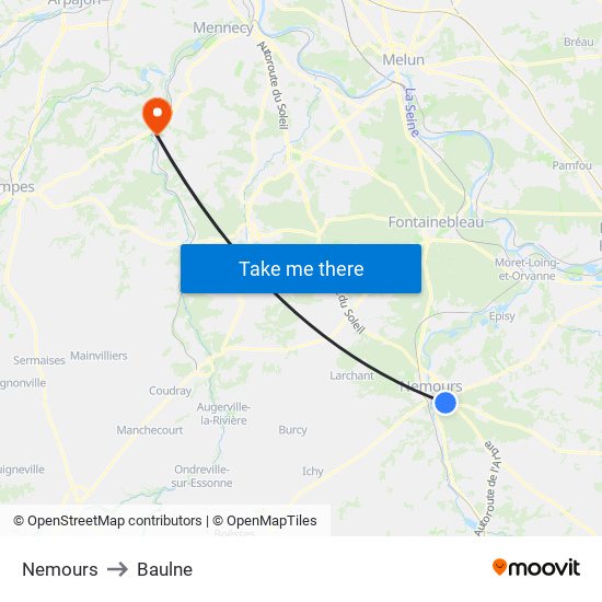 Nemours to Baulne map