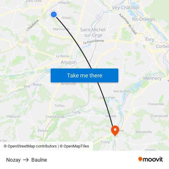 Nozay to Baulne map