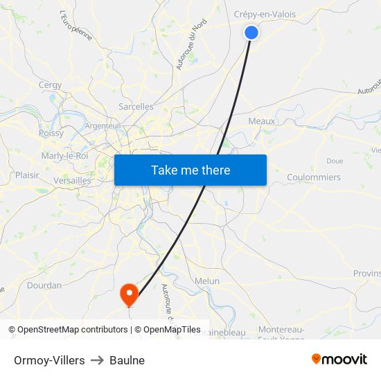 Ormoy-Villers to Baulne map
