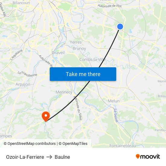 Ozoir-La-Ferriere to Baulne map