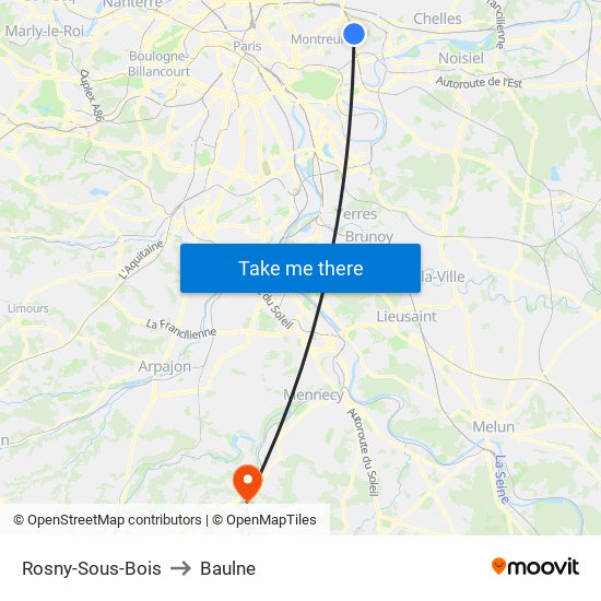 Rosny-Sous-Bois to Baulne map