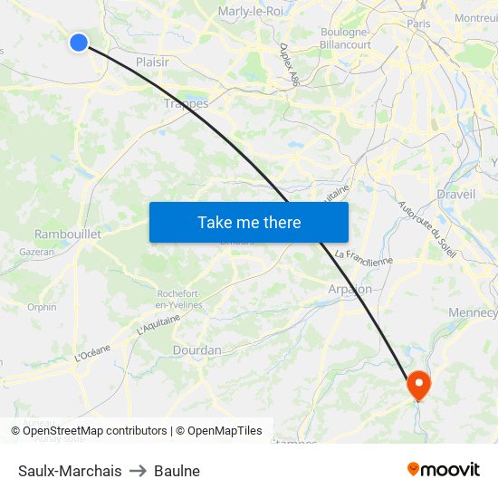 Saulx-Marchais to Baulne map