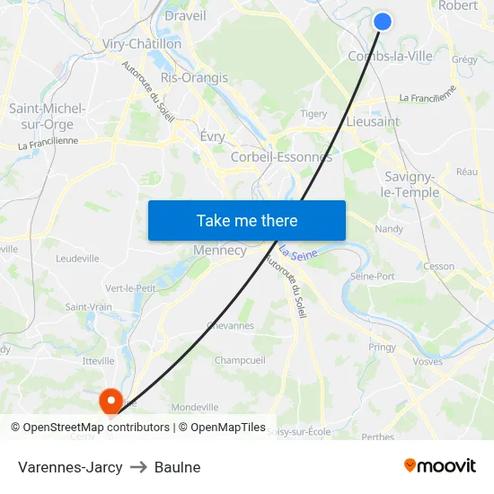Varennes-Jarcy to Baulne map