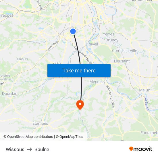 Wissous to Baulne map