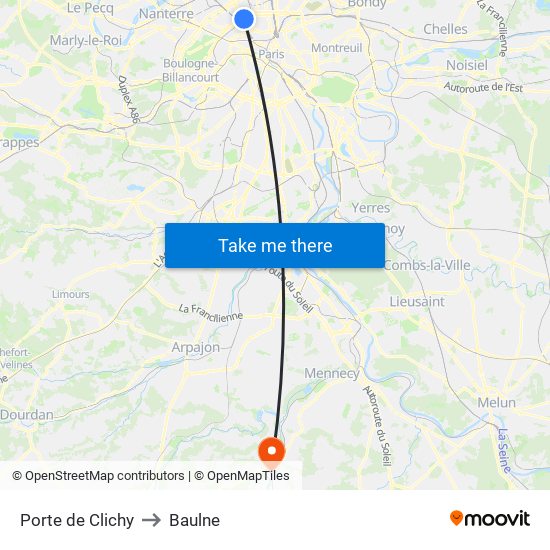 Porte de Clichy to Baulne map