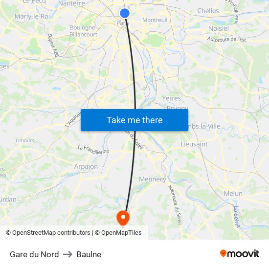 Gare du Nord to Baulne map