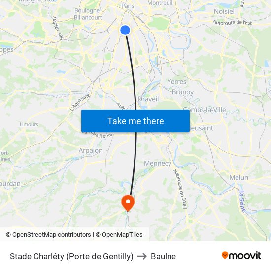 Stade Charléty (Porte de Gentilly) to Baulne map