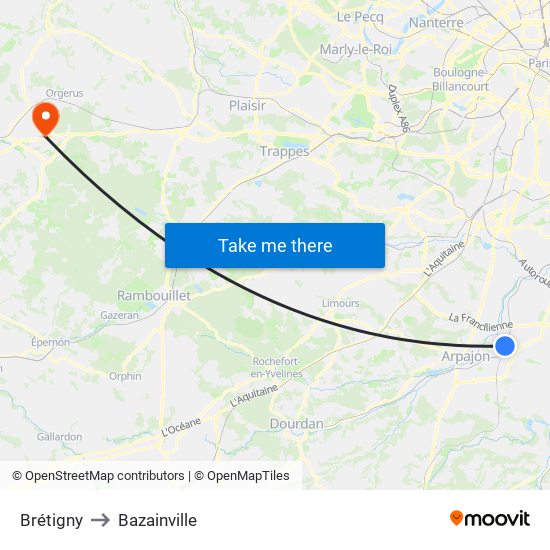 Brétigny to Bazainville map