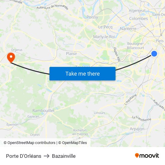 Porte D'Orléans to Bazainville map