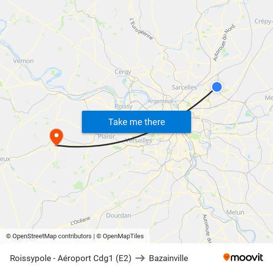 Roissypole - Aéroport Cdg1 (E2) to Bazainville map