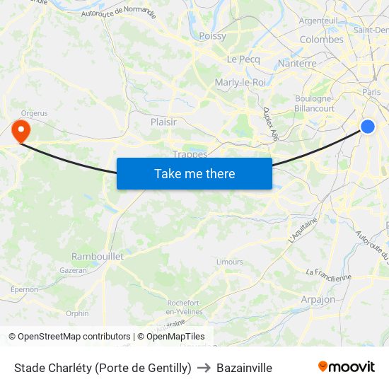 Stade Charléty (Porte de Gentilly) to Bazainville map