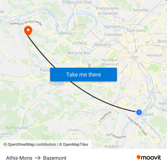 Athis-Mons to Bazemont map