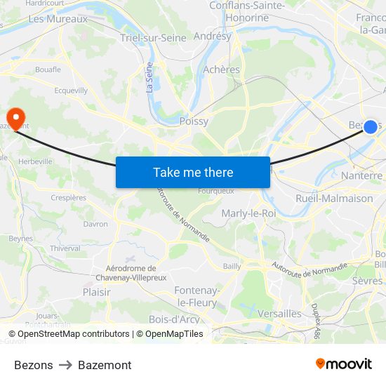 Bezons to Bazemont map