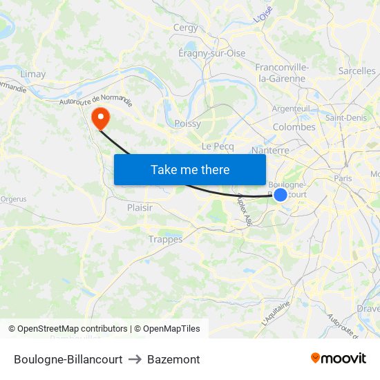Boulogne-Billancourt to Bazemont map