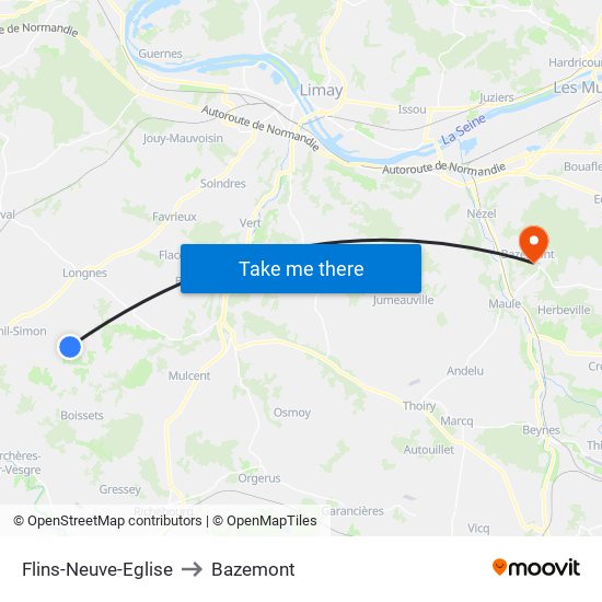 Flins-Neuve-Eglise to Bazemont map