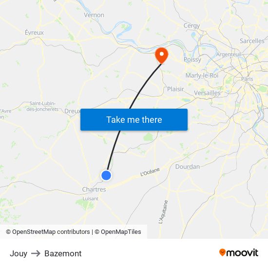 Jouy to Bazemont map