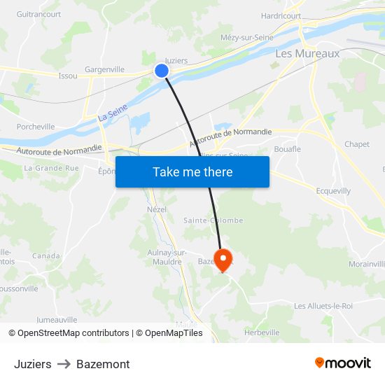 Juziers to Bazemont map