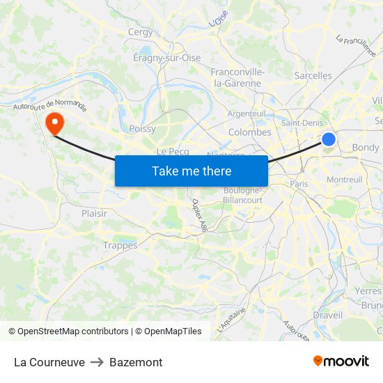 La Courneuve to Bazemont map