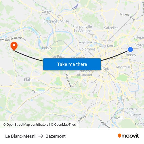 Le Blanc-Mesnil to Bazemont map