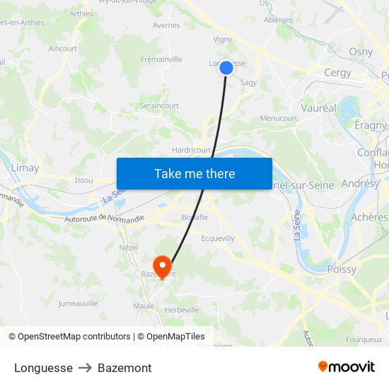 Longuesse to Bazemont map