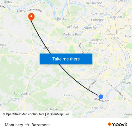 Montlhery to Bazemont map