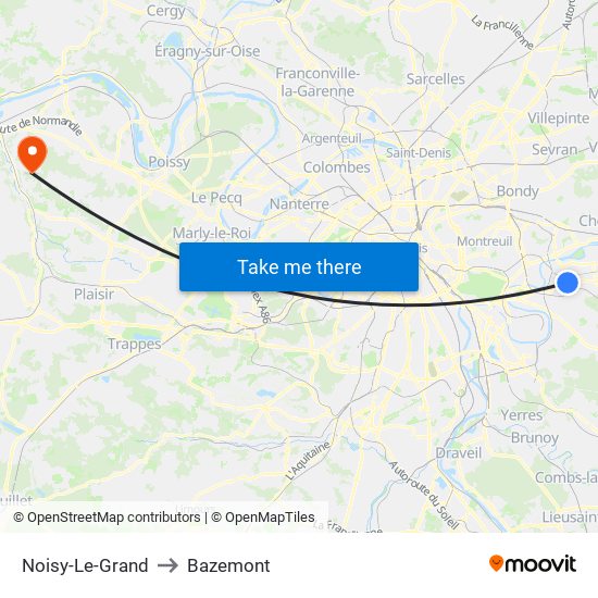 Noisy-Le-Grand to Bazemont map