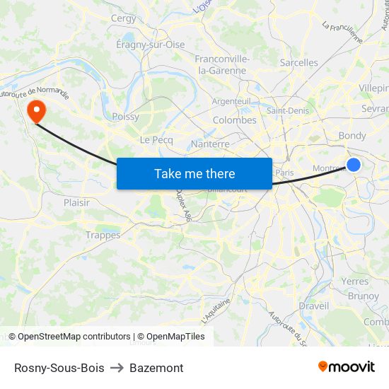 Rosny-Sous-Bois to Bazemont map