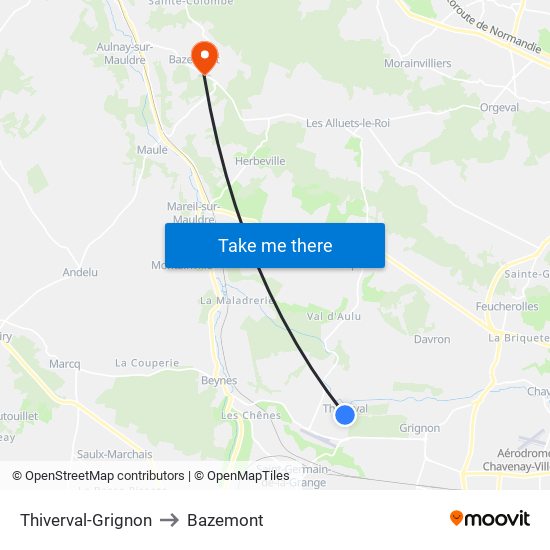 Thiverval-Grignon to Bazemont map