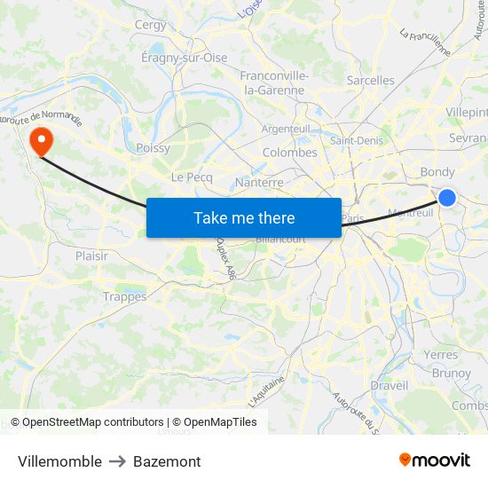 Villemomble to Bazemont map