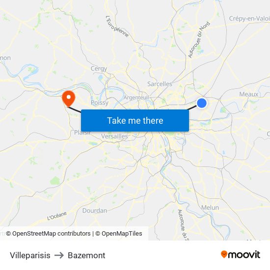 Villeparisis to Bazemont map