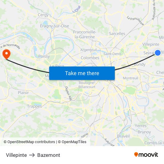 Villepinte to Bazemont map