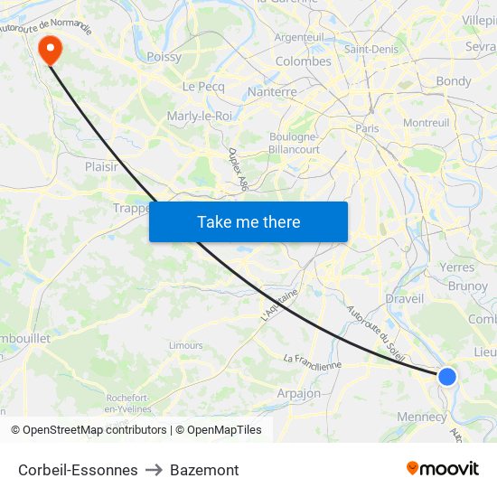 Corbeil-Essonnes to Bazemont map
