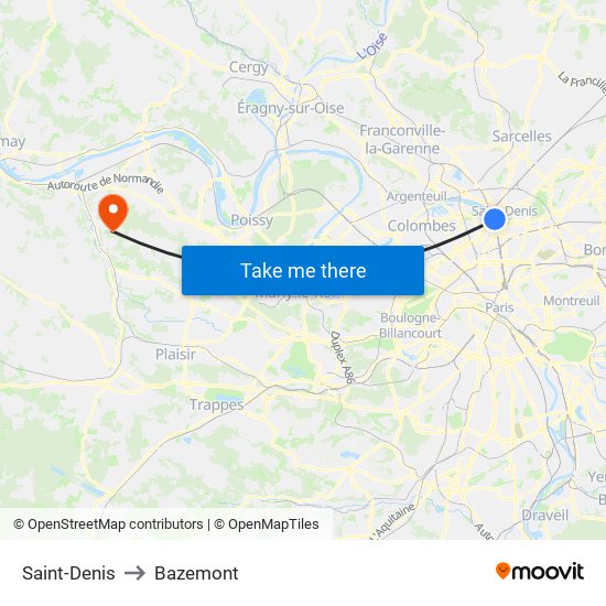 Saint-Denis to Bazemont map