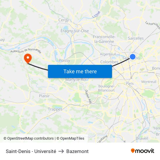 Saint-Denis - Université to Bazemont map