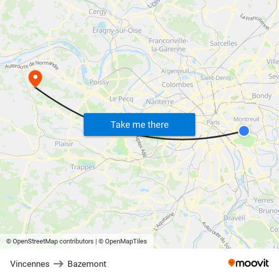 Vincennes to Bazemont map