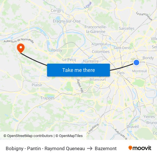 Bobigny - Pantin - Raymond Queneau to Bazemont map