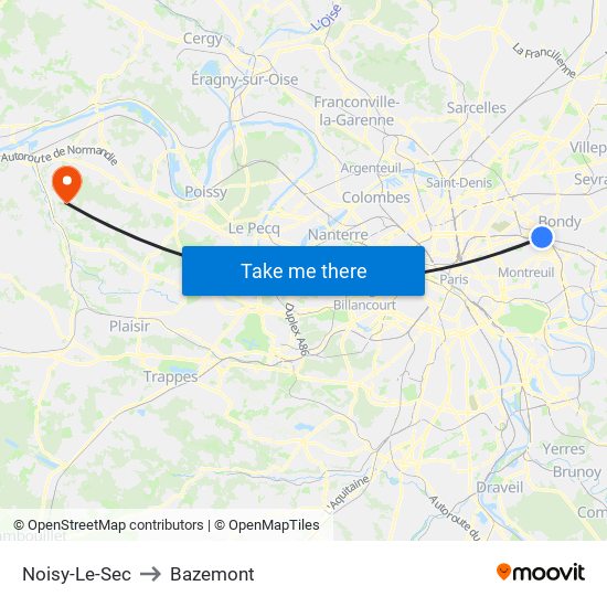 Noisy-Le-Sec to Bazemont map
