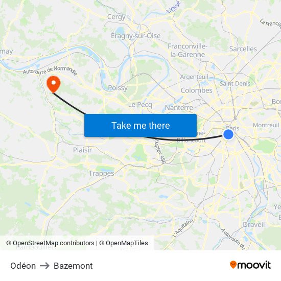 Odéon to Bazemont map