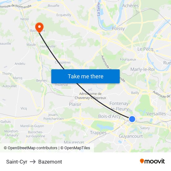 Saint-Cyr to Bazemont map