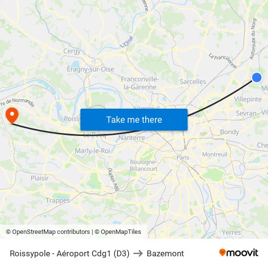 Roissypole - Aéroport Cdg1 (D3) to Bazemont map
