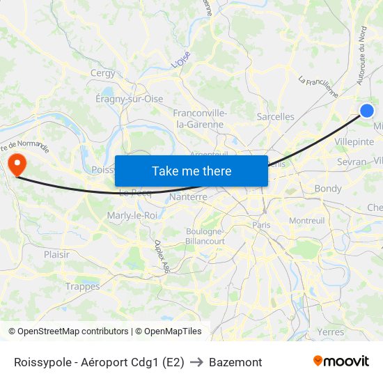 Roissypole - Aéroport Cdg1 (E2) to Bazemont map