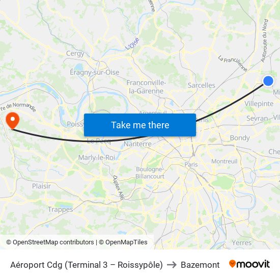 Aéroport Cdg (Terminal 3 – Roissypôle) to Bazemont map