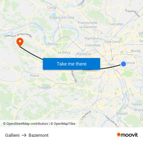 Gallieni to Bazemont map