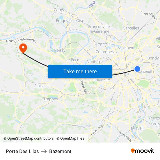 Porte Des Lilas to Bazemont map