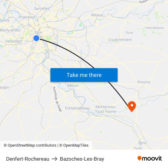 Denfert-Rochereau to Bazoches-Les-Bray map
