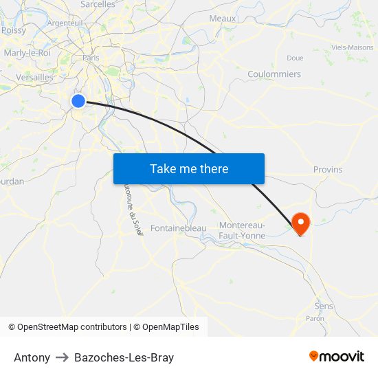 Antony to Bazoches-Les-Bray map