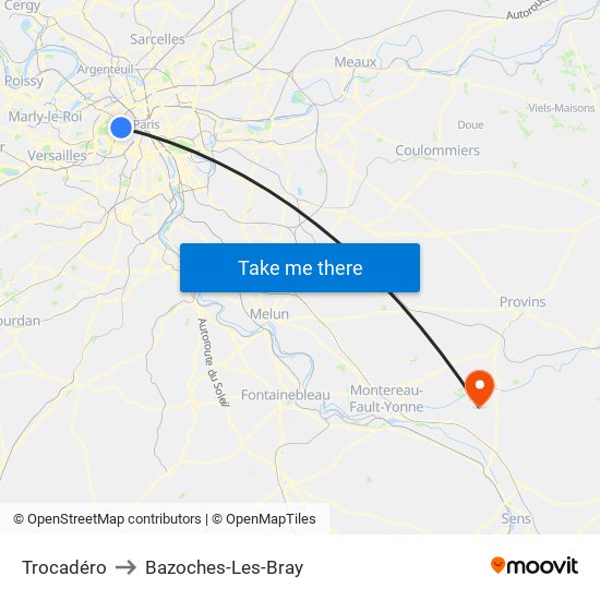 Trocadéro to Bazoches-Les-Bray map