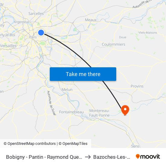 Bobigny - Pantin - Raymond Queneau to Bazoches-Les-Bray map