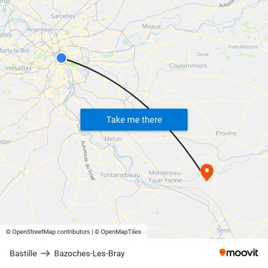 Bastille to Bazoches-Les-Bray map