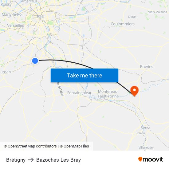 Brétigny to Bazoches-Les-Bray map